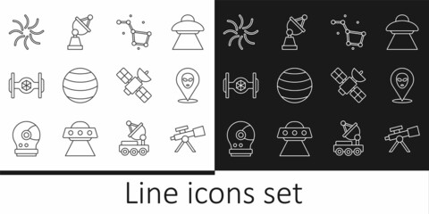Set line Telescope, Alien, Great Bear constellation, Planet, Cosmic ship, Black hole, Satellite and dish icon. Vector