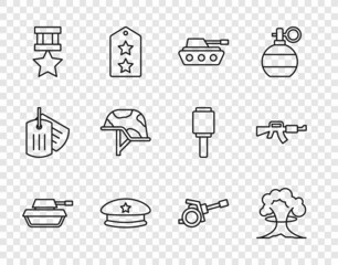 Set line Military tank, Nuclear explosion, beret, reward medal, helmet, Howitzer and M16A1 rifle icon. Vector