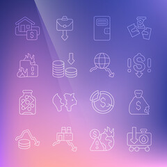 Set line Drop in crude oil price, Money bag, Dollar rate decrease, Prison cell door, Fire burning house, Hanging sign with Sale and Global economic crisis icon. Vector
