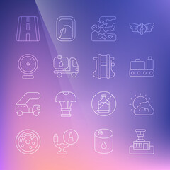 Set line Airport control tower, Sun and cloud weather, Conveyor belt with suitcase, Plane crash, Fuel tanker truck, Clock, runway and Parachute icon. Vector