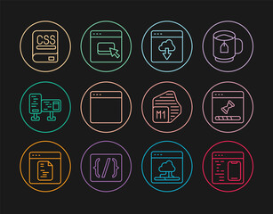 Set line Software, Loading data window, Cloud technology transfer, Browser, Computer monitor screen, Books about programming, Processor and files icon. Vector