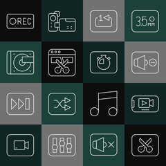 Set line Music or video editing, Online play, Speaker mute, Repeat track music player, Video recorder editor, Vinyl with vinyl disk, Record button and Stopwatch icon. Vector