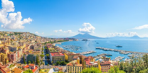 Naples, Italy. August 31, 2021. View of the Gulf of Naples from the Posillipo hill with Mount Vesuvius far in the background.