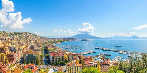 Zelfklevend Fotobehang Naples, Italy. August 31, 2021. View of the Gulf of Naples from the Posillipo hill with Mount Vesuvius far in the background. © Alessandro
