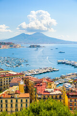 Naples, Italy. August 31, 2021. View of the Gulf of Naples from the Posillipo hill with Mount...