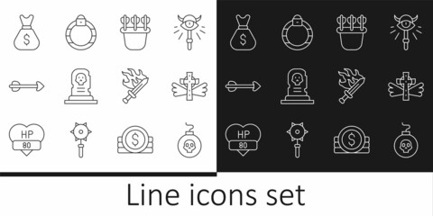 Set line Bomb ready to explode, Christian cross, Quiver with arrows, Grave tombstone, Arrow, Old money bag, Sword for game and Magic ring icon. Vector