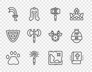 Set line Bear paw footprint, Holy bible book, Medieval axe, Magic wand, Sword for game, poleaxe, Pirate treasure map and Video bar icon. Vector