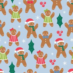 Seamless pattern for Christmas holiday with cute gingerbread man cookies. Childish background for fabric, wrapping paper, textile, wallpaper and apparel. Vector illustration