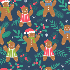 Seamless pattern for Christmas holiday with cute gingerbread man cookies. Childish background for fabric, wrapping paper, textile, wallpaper and apparel. Vector illustration