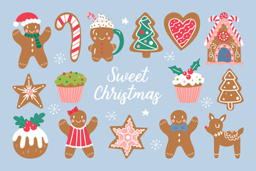 Christmas holiday cute gingerbread cookies set. Childish print for cards, stickers and decoration - obrazy, fototapety, plakaty