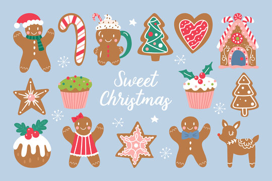 Christmas holiday cute gingerbread cookies set. Childish print for cards, stickers and decoration