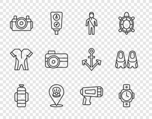Set line Aqualung, Diving watch, Wetsuit for scuba diving, Scallop sea shell, Photo camera diver, Flashlight and Flippers swimming icon. Vector