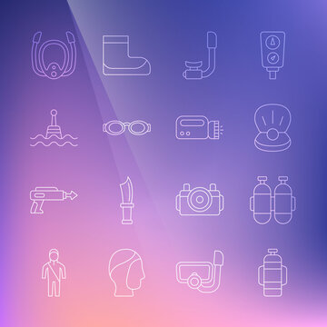 Set line Aqualung, Pearl, Snorkel, Glasses for swimming, Floating buoy, Diving mask with snorkel and Flashlight diver icon. Vector