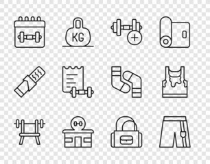 Set line Bench with barbell, Short or pants, Dumbbell, Gym building, Calendar fitness, Sport training program, bag and Sweaty sleeveless t-shirt icon. Vector
