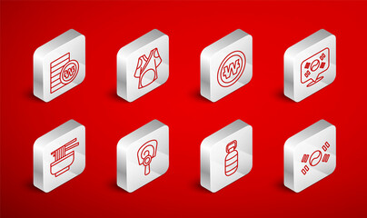 Set line South Korea flag, Kimono, Korean won coin, Location, lantern, hand fan and Ramen icon. Vector