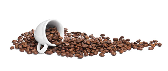 Overturned cup with roasted coffee beans on white background
