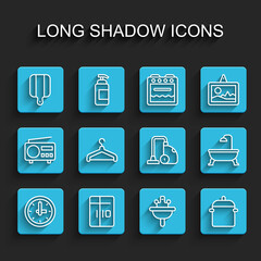 Set line Clock, Refrigerator, Cutting board, Washbasin, Cooking pot, Hanger wardrobe, Bathtub and Vacuum cleaner icon. Vector