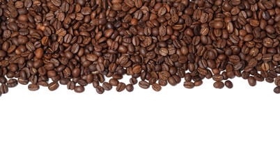 Many roasted coffee beans on white background, top view