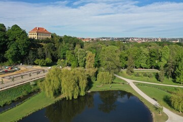 An aerial view of Prague's largest park Stromovka in spring sunny morning