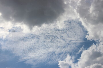 blue sky with white and gray puffy fluffy clouds. weather forecast concept