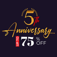 5th-anniversary golden wreath logo and up to 75% off the black background