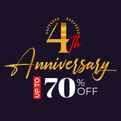 Fototapeta na wymiar 4th-anniversary golden wreath logo and up to 70% off the black background