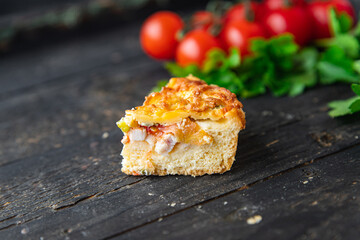 savory pie quiche lauren filling tomato, salmon, vegetables meal snack on the table copy space food background rustic. top view keto or paleo diet veggie vegan or vegetarian food no meat