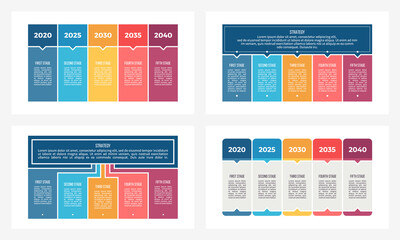 Business process. Chart with 5 steps, options, sections. Vector template.