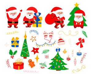 Large Christmas set with Santa Claus, Christmas tree, stars, gifts, snowflakes, holiday. Christmas illustrations in cartoon style for postcards, stickers, posters, stickers, print on clothes.