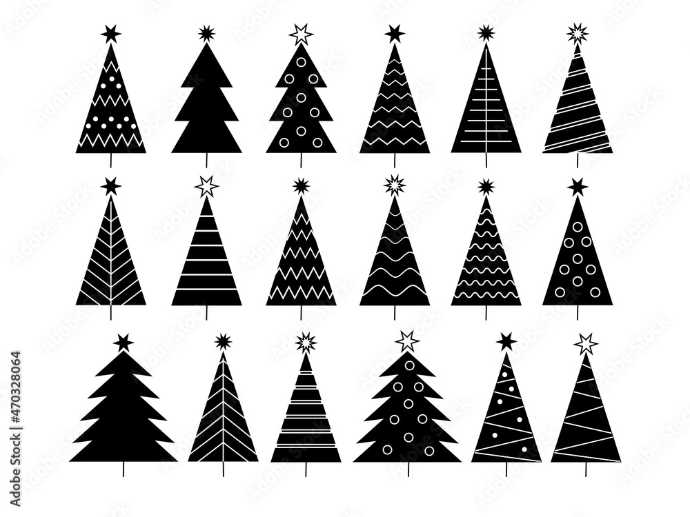Poster set of christmas tree line icons .christmas tree with a stars. vector black simple icons collection.