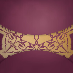 Greeting Leaflet in burgundy color with abstract gold ornament is prepared for printing.