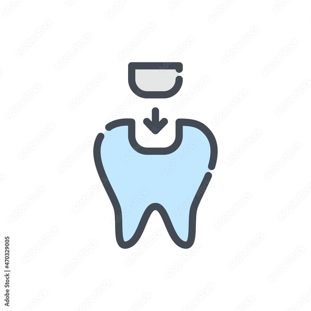 Poster tooth filling color line icon. placement of a filling in a tooth vector outline colorful sign.