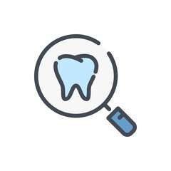 Examination of teeth and treatment color line icon. Magnifier and tooth vector outline colorful sign.