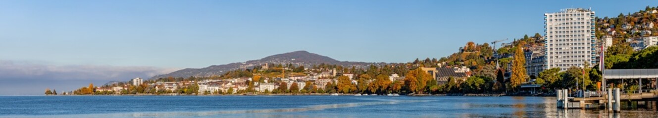 A Swiss town on the shoreline of Lake Geneva at the foot of the Alps. Montreux Riviera, the district of Riviera-Pays-d'Enhaut in the canton of Vaud in Switzerland.