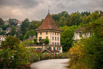 Travel to Bern. Sunrise photographed in this beautiful city from Switzerland. Photo taken next to Aare river with view to the entire old part of the town.
