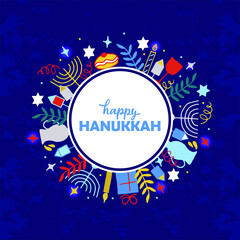 Happy Hanukkah greeting card. Set of elements: menorah, wreath, candles, donuts, branch, gifts, dreidel, oil, confetti, coins, Jewish star drawing in doodle style. Vector illustration, hand lettering