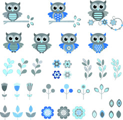 Isolated owls and flowers vector illustrations 