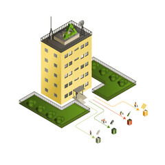 Sorting trash for recycling. Recyclable waste is separated by people into different containers. Building with recycling symbol of the roof. Isometric vector illustration.