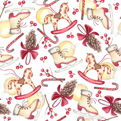 Seamless pattern with Christmas toys on a white background.Perfect for design, textiles, wallpaper, scrapbooking.