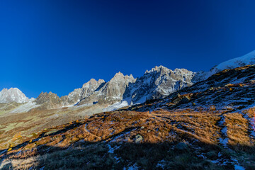 View from the refuge hut point on 
the Mont Blanc massif in the French Alps. The trail Mer de Glace...