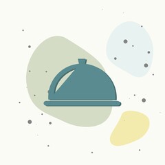 Hot food, restaurant, dining room, cafe, food reception point. Restaurant vector sign on multicolored background.