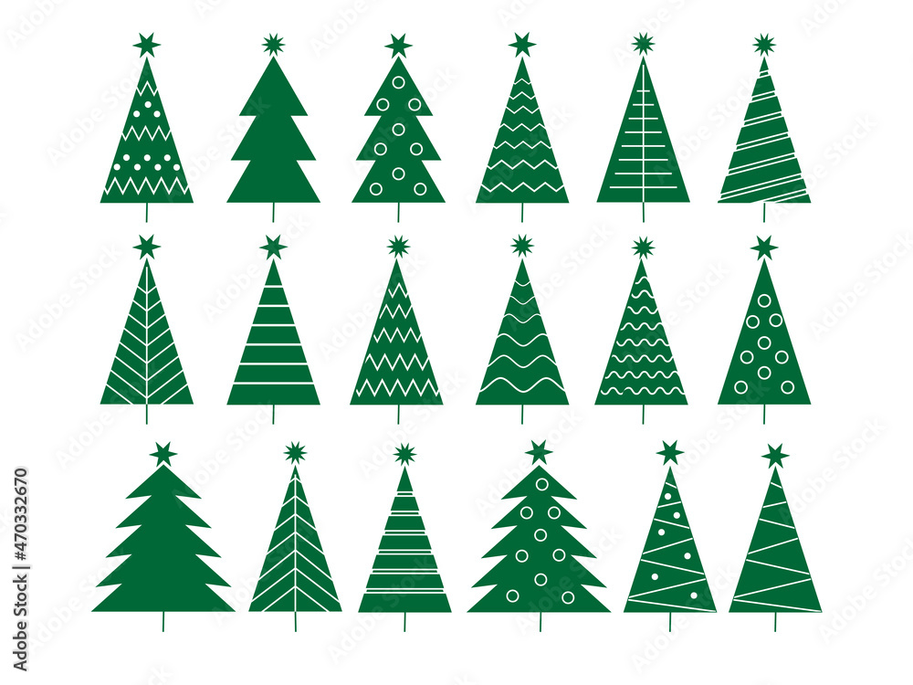 Poster set of christmas tree green line icons .christmas tree with a stars. vector black simple icons colle