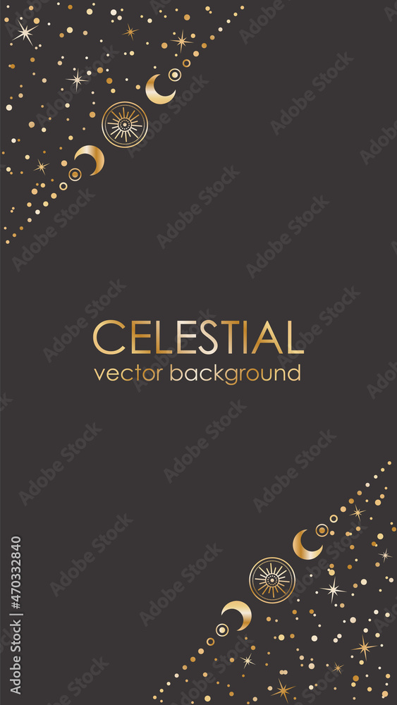 Wall mural dark vector background with a copy space. golden astrological frame with stars and borders with cres