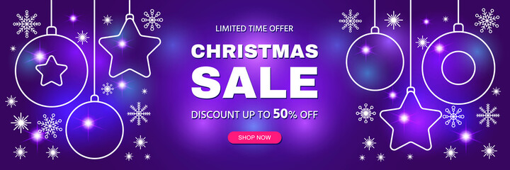 Christmas discount sale banner. Flat design of Christmas balls and snowflakes. Abstract background with glow and geometric shapes. Final sale up to 50% off. Special offer. Template vector illustration