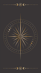 Vector mystical dark celestial poster with golden outline geometric star, moon phases, dotted concentric circles and borders with crescents. Occult linear background. Placard with a magical symbol