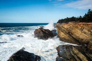 Waves assaulting Shore Acres cliffs