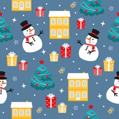 Christmas seamless pattern with snowman’s, Christmas tree and houses. Vector illustration. Design for wrapping, fabric, print. 