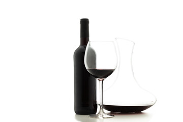 decanter isolate, glass of red wine and bottle on white background