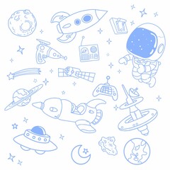 Doodle cosmos illustration set, design elements for any purposes. Hand drawn abstract space ship, planets, stars and ufo. Vector line print or banner.