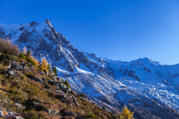 Fototapeta na wymiar A mountain in the Mont Blanc massif in the Alps, the Aiguille de Midi. Elevation of around 3842 meters. It is a starting point for all sorts of extreme sports. October, 2021.